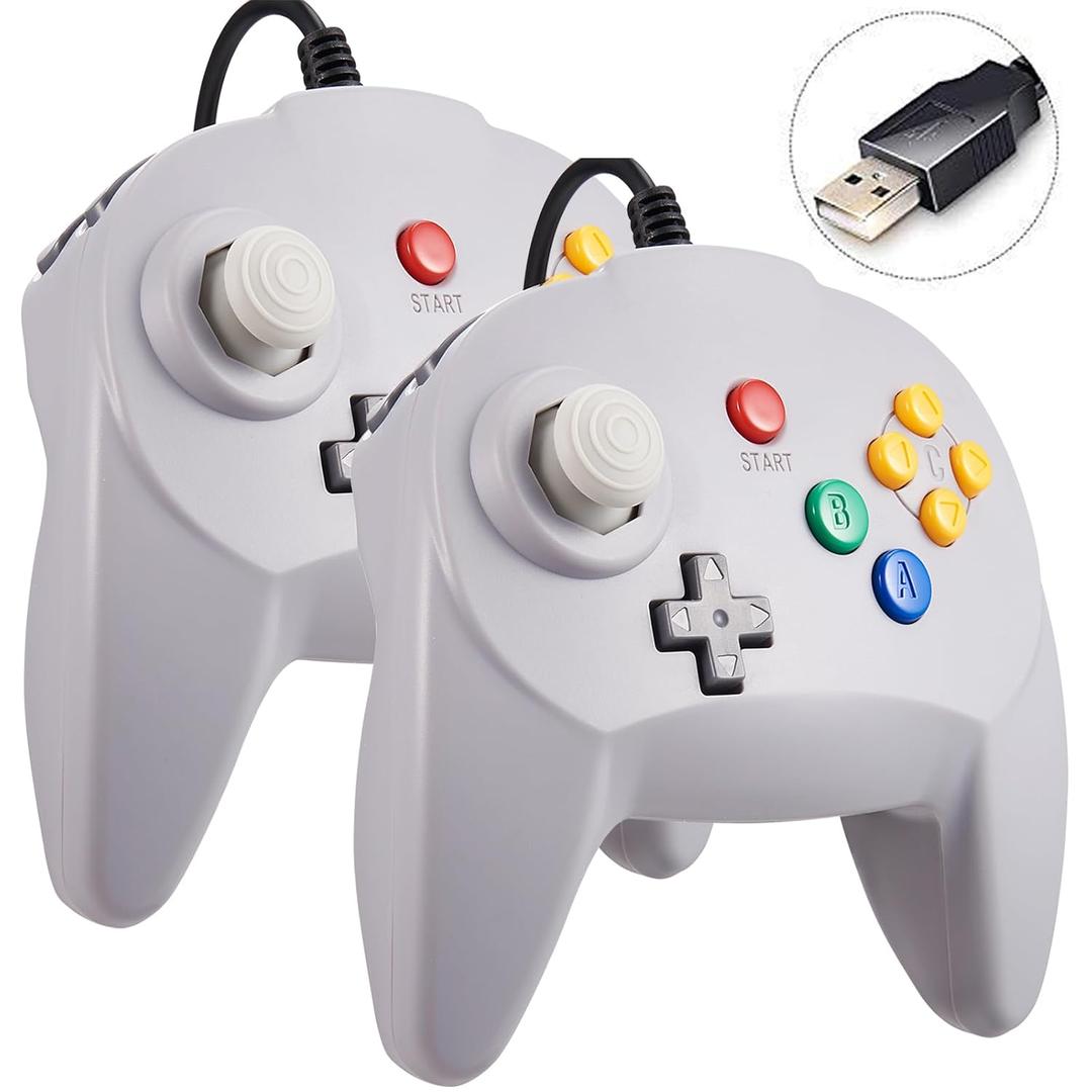 KIWITATA 2 Pack Mini USB N64 Controller, Retro N64 Wired 64-bit Upgraded Joystick Remote Game Controller for Windows PC/Mac Raspberry Pi 3 Gray