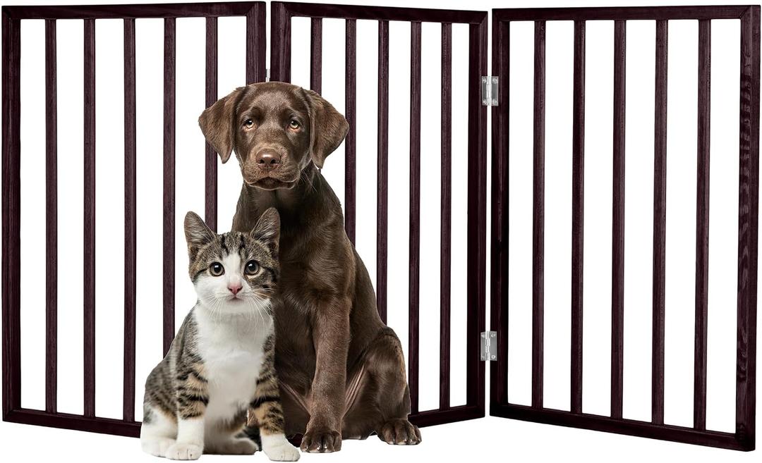 3-Panel Indoor Foldable Dog Fence for Stairs, Hallways, or Doorways - 54x24-Inch Wood Freestanding Dog Gates by PETMAKER (Brown)