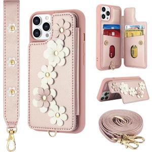 Compatible with iPhone 13 Pro Wallet Case with Card Holder for Women, Kickstand, Crossbody Lanyard, Wrist Strap Flower Leather Flip Cover Designed for iPhone 13 Pro 6.1", Rose Gold