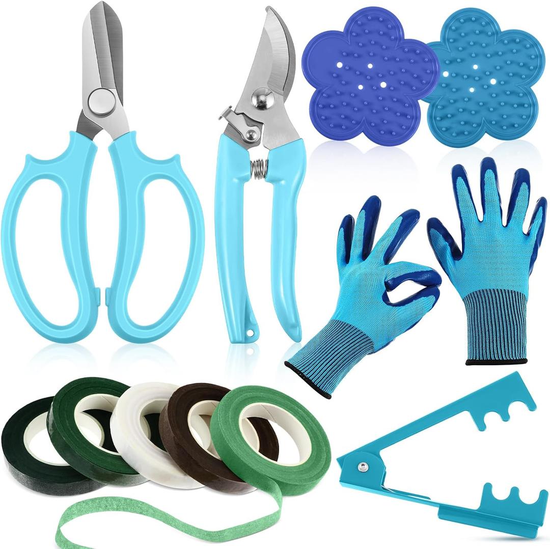 WILLBOND Gardening Gift Set for Women, Floral Arrangement Kit with Pruning Shears, Thorn Remover, Gloves and Floral Tape, Garden Tool Gift Kit for Mom, Wife, Garden Lovers(Blue)