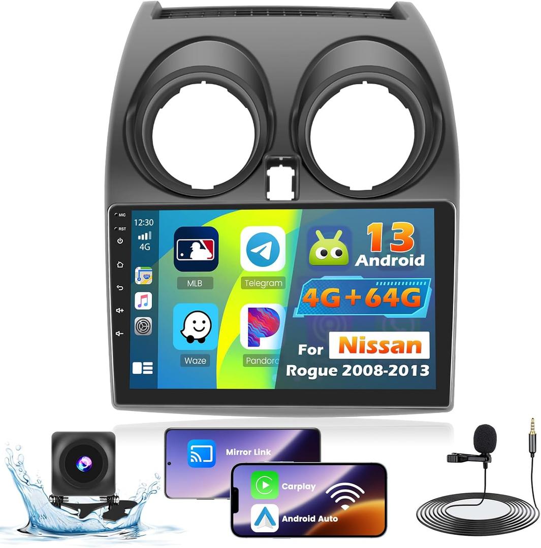 Car Radio for Nissan Rogue 2008 2009 2010 2011 2012 2013, [4+64G] 9" Touch Screen Upgrage for Rogue Stereo Carplay Android Auto with 32EQ 1280 * 720 Support J-B-L/Original Car with Navi/Large Screen
