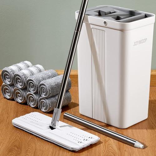 JOYMOOP Mop and Bucket Set with Wringer, Dust Mops for Floor Cleaning, Wall Cleaner with Long Handle, Wet and Dry Use - 8 Microfiber Mop Pads