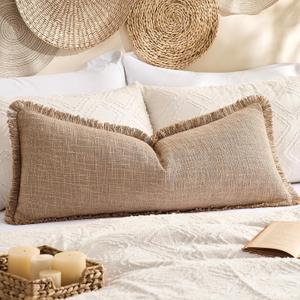 Kevin Textile 14x36 Inch Long Lumbar Pillow Cover 1 Pack Boho Fringe Decorative Rectangle Cushion Case with Tassels Neutral Cotton Woven Textured Farmhouse for Living Room Couch Sofa Bed, Khaki Brown