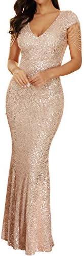 Women 1920s Plus Size Formal Dress Tassels Sleeve Sequins Gatsby Maxi Evening Gown, Large