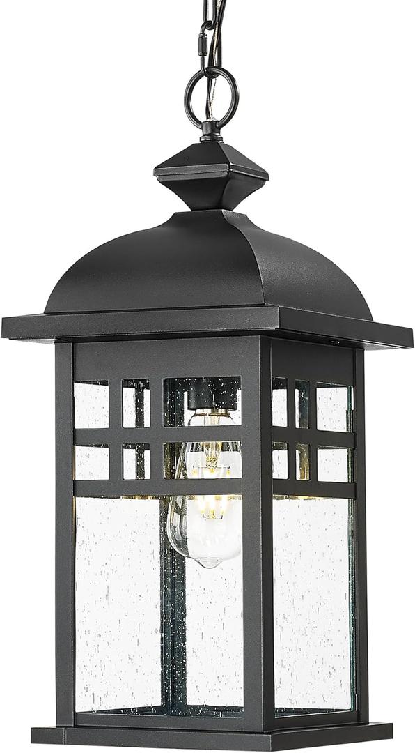 Emliviar 20" Farmhouse Outdoor Pendant Light, Large Outdoor Hanging Light for Porch Gazebo, Black Finish Aluminum with Seeded Glass Shade, DE279H-M BK (Large - 1 Pack)