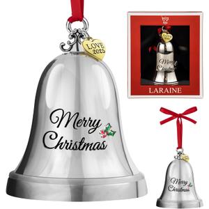 LARAINE Christmas Ornament Bell 2025 Silver Jingle Bell Hanging Ornament with Golden Metal Tag for Christmas Tree Decorations Engraved Metal Bell (Heart Tag (2025))
