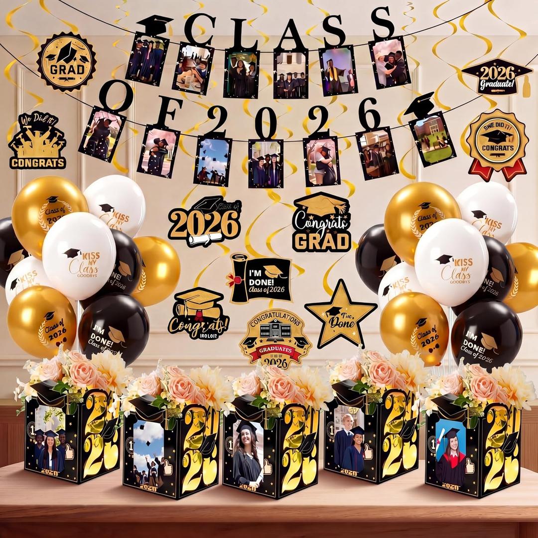 Hahafelt 42 Pcs Graduation Black and Gold Decorations, 6 Light up Picture Decorative Boxes 2 Class of 2026 Photo Banner 18 Balloons 10 Hanging Swirls 2026 Grad Party Supplies for High School College