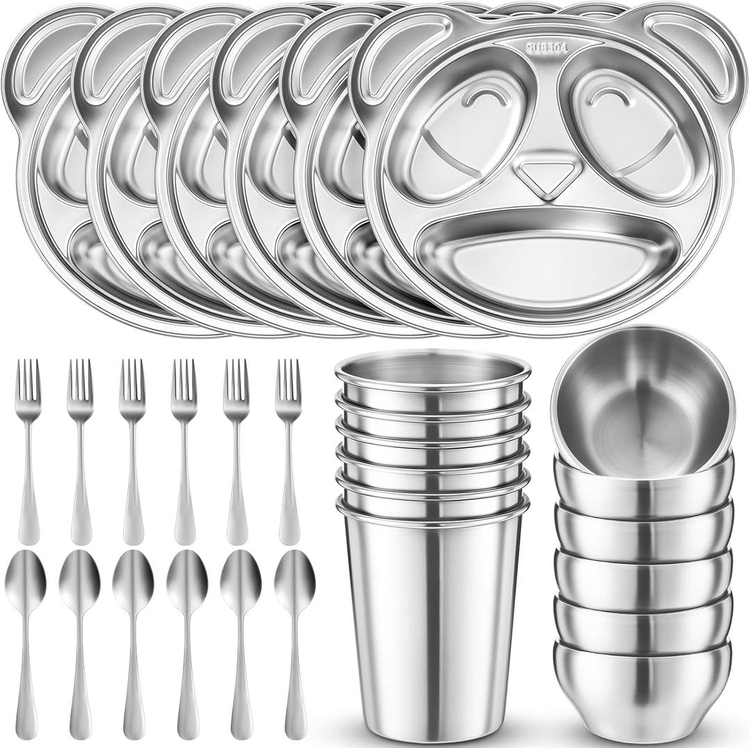 Jinei 30 Pieces Kids Stainless Steel Utensils Set Include Panda Shaped Plates, Bowls, Cups, Spoons, and Forks, Stainless Steel Dinnerware set for Kids Utensils (Panda)