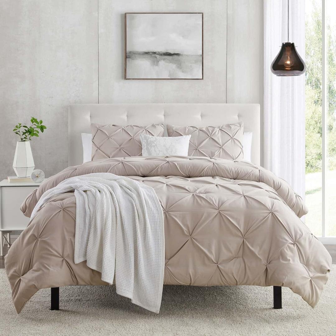 Clara Clark Taupe Duvet Cover King Size 3 Piece Pintuck Comforter Cover - 1 Duvet Cover 104x90 Button Closure with 2 Pillow Shams - Ultra Soft Microfiber Bedding Pinch Pleated King Duvet Cover Set