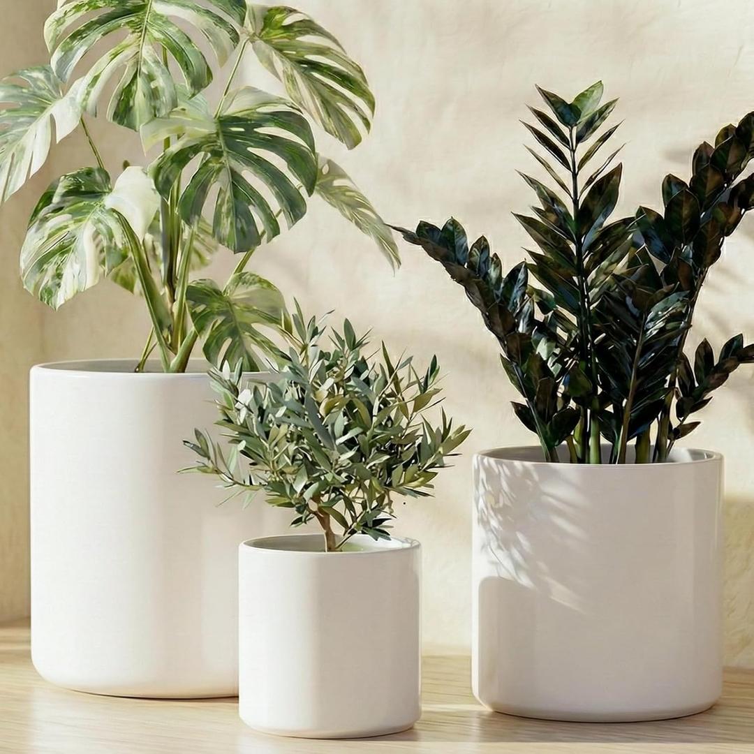 LE TAUCI Ceramic Pots for Plants, 10/8/6 Inch Indoor Planters with Draiange Hole, Silicone Plug & Mesh Pad, Modern Minimalist Pots for Home Office, Set of 3, Satin, White