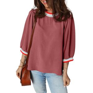 SHEWIN Blouses for Women Dressy Casual Crewneck 3/4 Length Sleeve Womens Tops Casual Office Flowy Cute Tops for Women Trendy Fall Clothes Red Small (S)