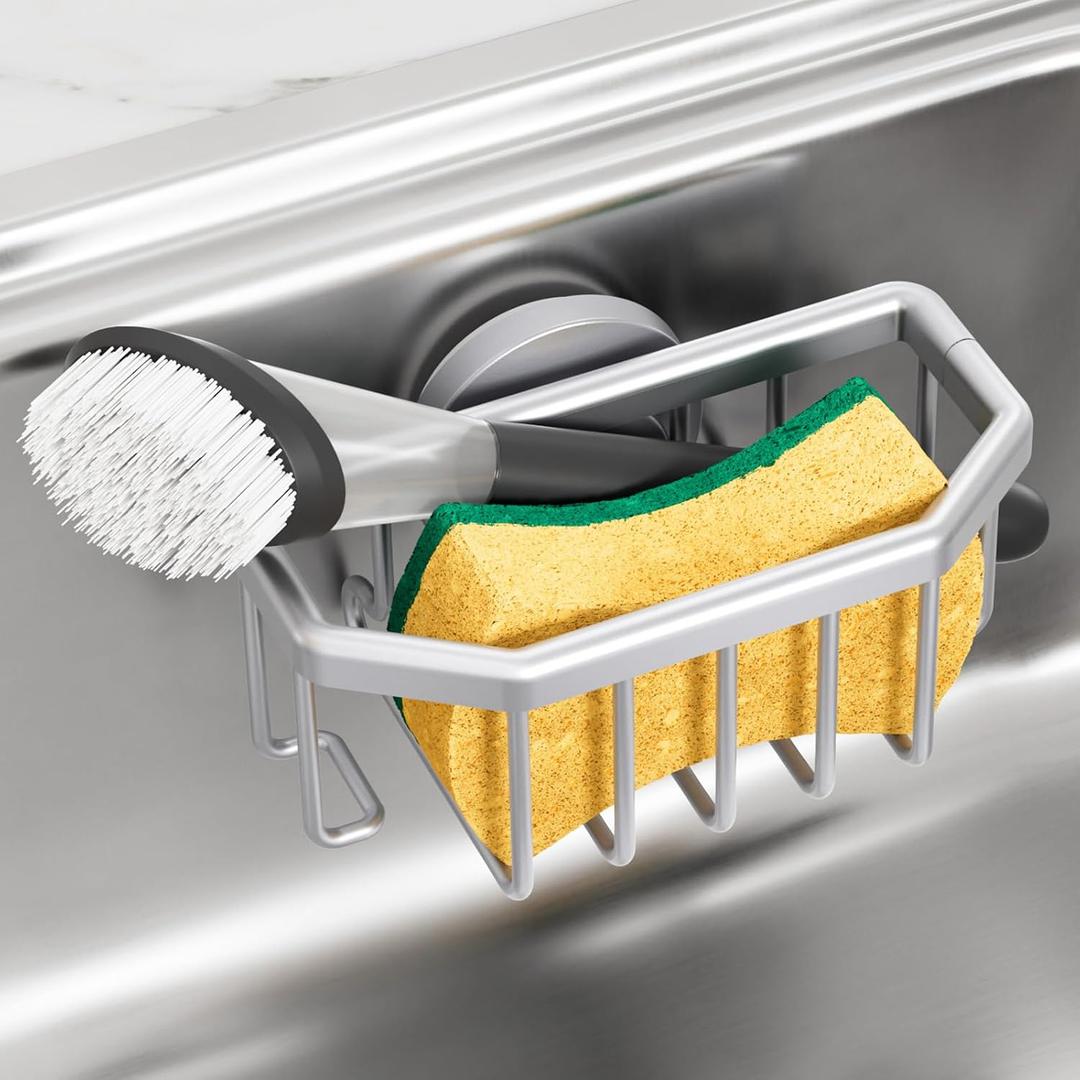 TAILI Sponge Holder for Kitchen Sink with Strong Suction Cup, Rustproof Aluminum Sink Caddy for Sponges, Brushes, Stoppers & Scrapers, 6.1" x 3.5",  Silver