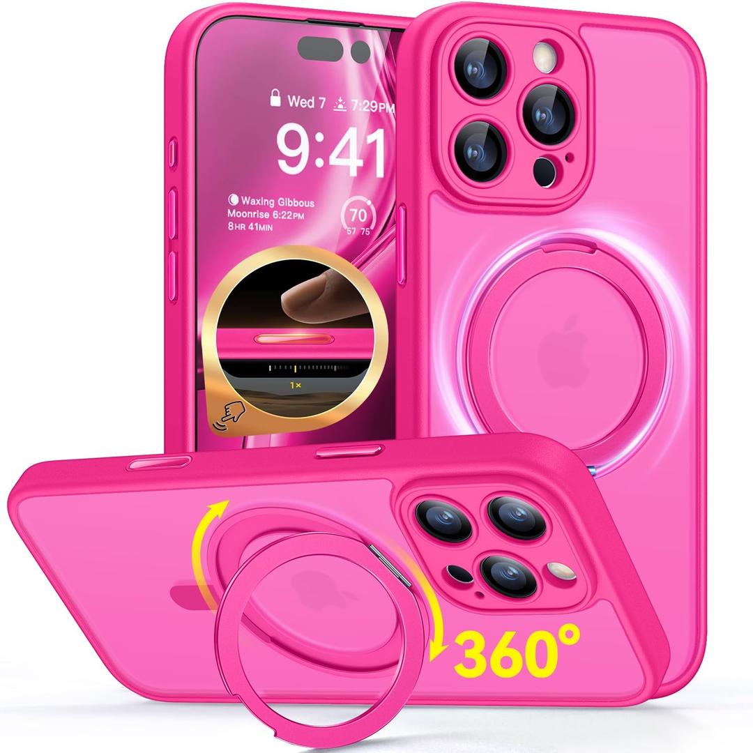 CANSHN 360 Spin Magnetic Stand for iPhone 16 Pro Case with Camera Control [Full Camera Protection] [Compatible with Magsafe] Translucent Matte Shockproof Protective Phone Cover 6.3" - Hot Pink