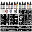 PFARRER Temporary Tattoo Kit12 Bottles Color Temporary Tattoo Ink,49 Big Pcs Stencils Kit for Body Paint DIY Fake Tattoos for Kids(Black*2,Red,Green,Blue,Pink,Grey,Navy,Yellow,Purple,Brown,Orange)