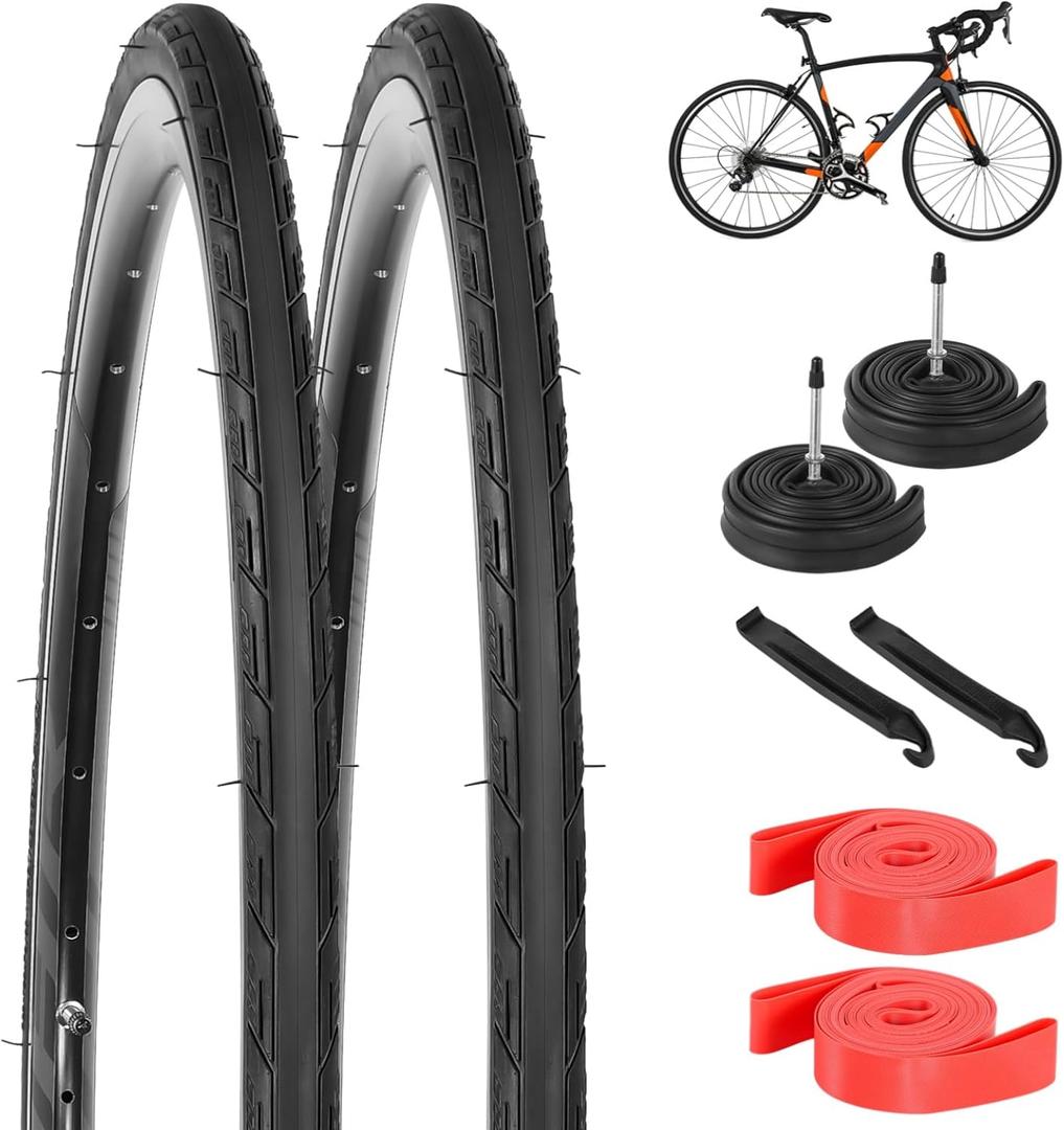 Yeesport 700 x 25c Road Bike Tires, 2 Pack Folding 700x25c Tires & 700 x 25c-28c Bike Tubes Presta Valve 48mm Tire Replacement with Rim Strips for Urban Rural Asphalt Concrete Hard Roads
