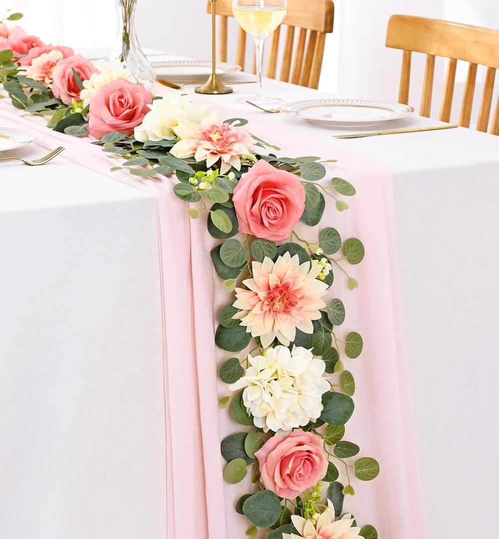 Yastouay 6 Ft Flower Garland with Lights, Pink Rose Floral Garland Fake Flowers for Wedding Arch Party Tables Backdrop Decor (1 Pack)