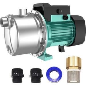 PUMPMAN 1HP Shallow Jet Well Pump Portable Garden Pump, 980GPH 110V 148Feet Stainless Steel, Water Transfer Draining Irrigation Pump Lawn Water Sprinkler Booster Pump