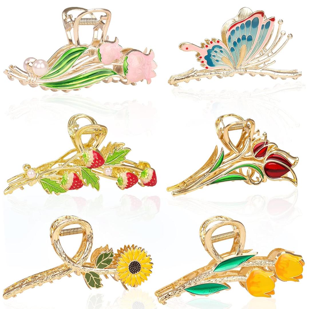 6 Pcs Metal Flower Tulip Clips with Strong Hold for Long, Thick & Curly Hair - Cute Strawberry, Butterfly Jaw Hair Clamps for Fashion & Big Hair Styles - For Women and Girls