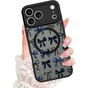 Bonoma Mganetic for iPhone 17 Pro Case [Compatible with MagSafe] Cute Ribbon Bow Pattern for Women Girls Soft TPU Bumper Translucent Matte Slim Shockproof Phone Case-Black