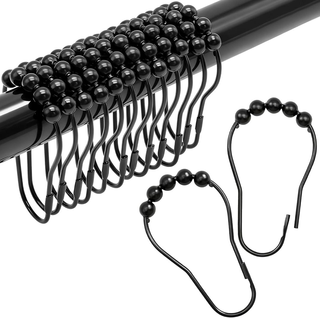 Shower Curtain Hooks Rings,12 Pcs Decorative Rustproof Metal Shower Hooks for Shower Curtain,Free Sliding Shower Hooks for Bathroom Shower Rods,Easy Snap Shower Rings for Curtain (Black)