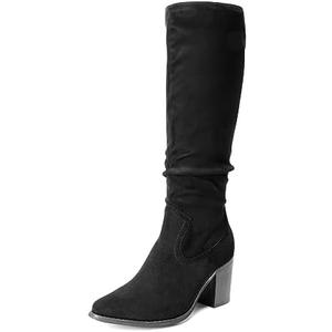 DREAM PAIRS Women's Knee-High Boots, Comfortable Chunky Block Heel Pointed Toe Pull On Side Zipper Suede Slouch Riding Boots, 9.5, Black