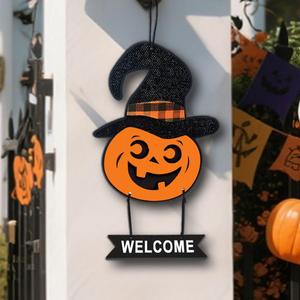 2 x Halloween Door Sign Hanging Decor,Welcome Sign for Front Door&Wall,Wooden Pumpkin signs Decorations for Home, Halloween Hanger Indoor Outdoor Party Haunted House Supplies