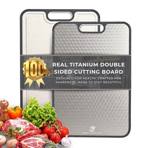 Titanium Cutting Board | Scratch Reduction Mesh | Double-Sided Pure Titanium and Wheat Straw | Anti Slip | Juice Groove | Stain Resistant | Food Grade | Easy to Clean | Smoky Supply USA
