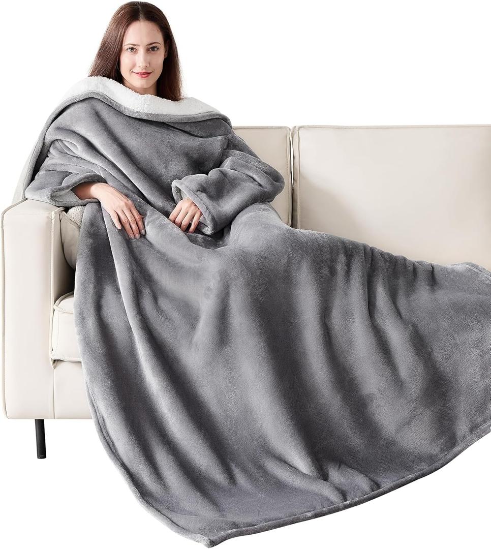 Wearable Blanket with Sleeves, Cozy Wearable Blanket with Arms and Pockets for Women Men, Warm TV Wrap Throw Blanket Robe as Gifts for Mom Wife, Grey