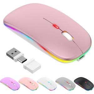 LED Bluetooth Wireless Mouse for MacBook Air Mac Pro Laptop iPad Rechargeable Silent Light-Up Optical Mouse with Jiggler Dual Mode BT5.2 & USB-A/USB-C for Students, Kids, Girls, Boys Rose Gold
