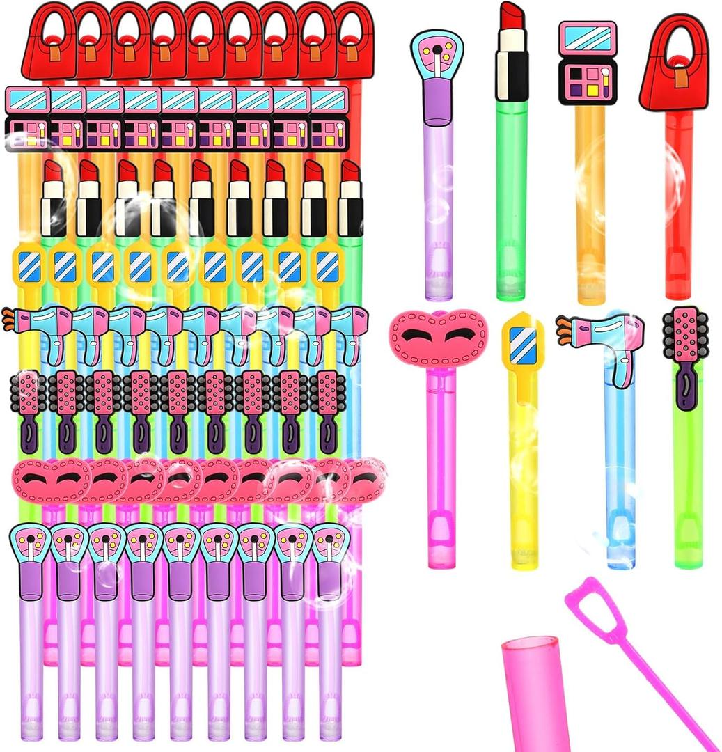 48 Pieces Makeup Bubble Wands Pink Spa Birthday Supplies Bubble Wands 6 Styles Spa Theme Party Decorations