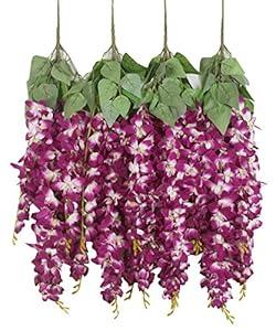 Duovlo Silk Wisteria Flower Artificial 2.13 Feet Hanging Wisteria Vine Fake Flower Bush String Home Party Wedding Decoration,Pack of 4 (Dark Purple)