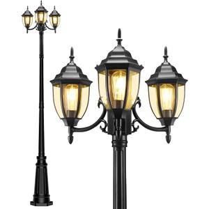 Lamp Post Outdoor Lighting, 3-Head Black Hard Wired Pole Light for Outside, E26 Base Maximum 100W (Bulb Not Included), Waterproof Street Light Fixture for Yard, Garden, Driveway (Classic)