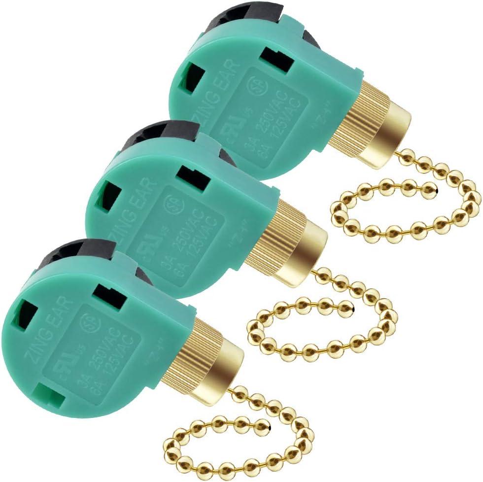 Topbuti 3 Pack Ceiling Fan Switch 3 Speed 4 Wire Zing Ear ZE-268S6 Fan Pull Chain Switch Replacement Speed Control for Ceiling Fan Light, Wall Lamps, Cabinet Light (Brass Color)