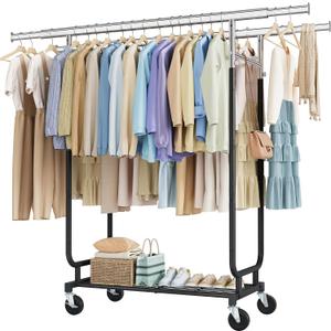 Heavy Duty Rolling Clothes Rack, 620 LBS Load Double Rod Adjustable Garment Rack with Storage Shelf, Portable Clothing Rack for Hanging Clothes for Bedroom, Laundry Living Room, Black, 15.7"W