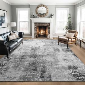 Living Room Rug 8x10 Gray Area Rugs Machine Washable Abstract Boho Large Rug Non-Slip Non-Shedding Faux Wool Indoor Vintage Carpet for Bedroom, Classroom, Dining Room, Kids Playroom (Grey)