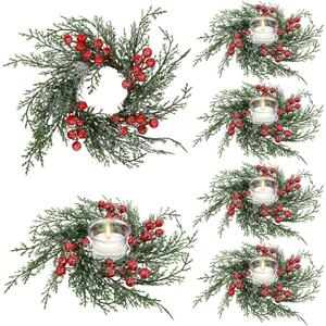 Serlvan 6 Pcs Christmas Candle Rings Wreath Artificial Candle Rings with Red Berry, Snowy Pine Garland Candle Ring Holder for Christmas Decorations Table Centerpiece