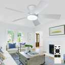Depuley Modern Ceiling Fan with Light: 42-Inch White Small Fans for Bedroom Indoor Outdoor - Dimmable Low Profile Ceiling Fans with Remote Control Flush Mount 5 Reversible White Blades 6 Speeds Timer