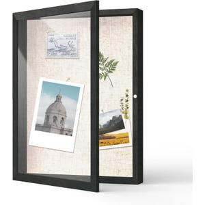 FrameWorks 12x16 Deep Shadow Box Frame, Wooden Display Case w. Linen Board & Tempered Glass Door - Black Woodgrain - Medium - Wall Mounted