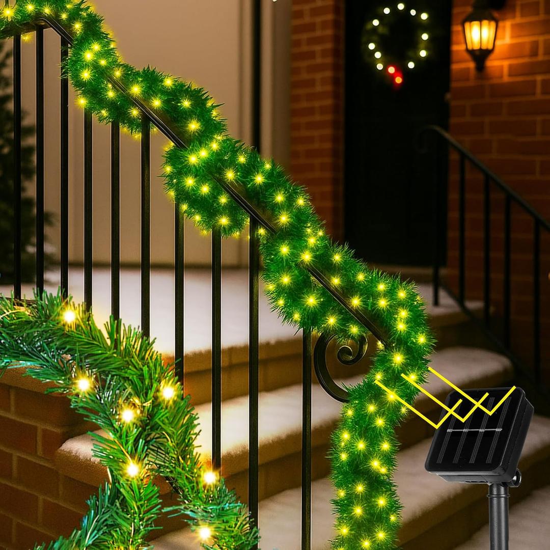 Suncalla 2 Pack Christmas Garland with 78 ft Solar Powered String Lights Christmas Hanging Decorations Xmas Artificial Pine Garlands Outdoor Fairy Lights Waterproof for Xmas Winter Holiday (66 ft)