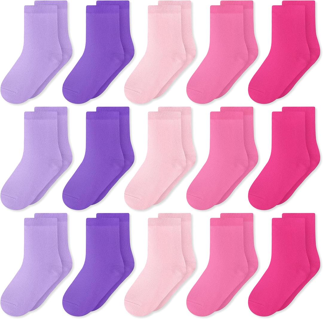 GENTABY Toddlers Kids Crew Socks 15 Pairs Boys Girls Socks Casual Athletic Dress Socks for Kids 1-14 Years (Purple, XS)