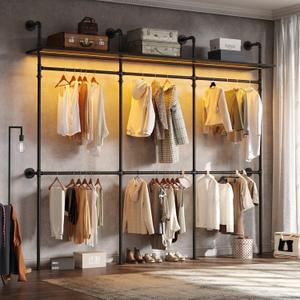 9.85FT Industrial Pipe Clothing Rack, L Shaped Wall Mounted Clothes Rack for Hanging Clothes, Reversible Walk in Closet System with LED Lights, Heavy Duty Clothing Stand with Shelves, Black