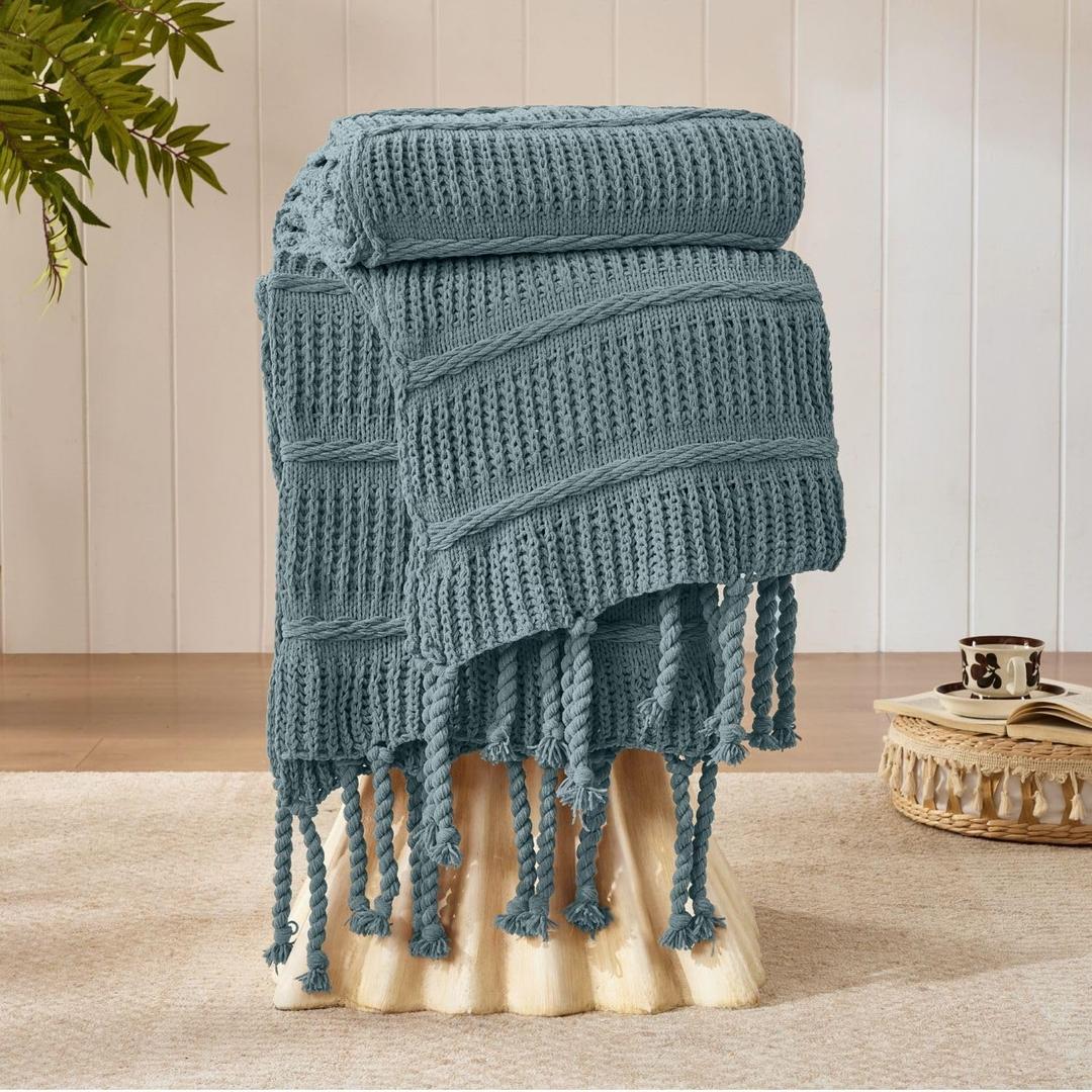 Boho Knitted Chenille Blanket with Tassels - Lightweight & Soft All-Season Throw - 3D Classic Pattern for Living Room Bedroom Couch, Celestial Blue, King 90"x108"