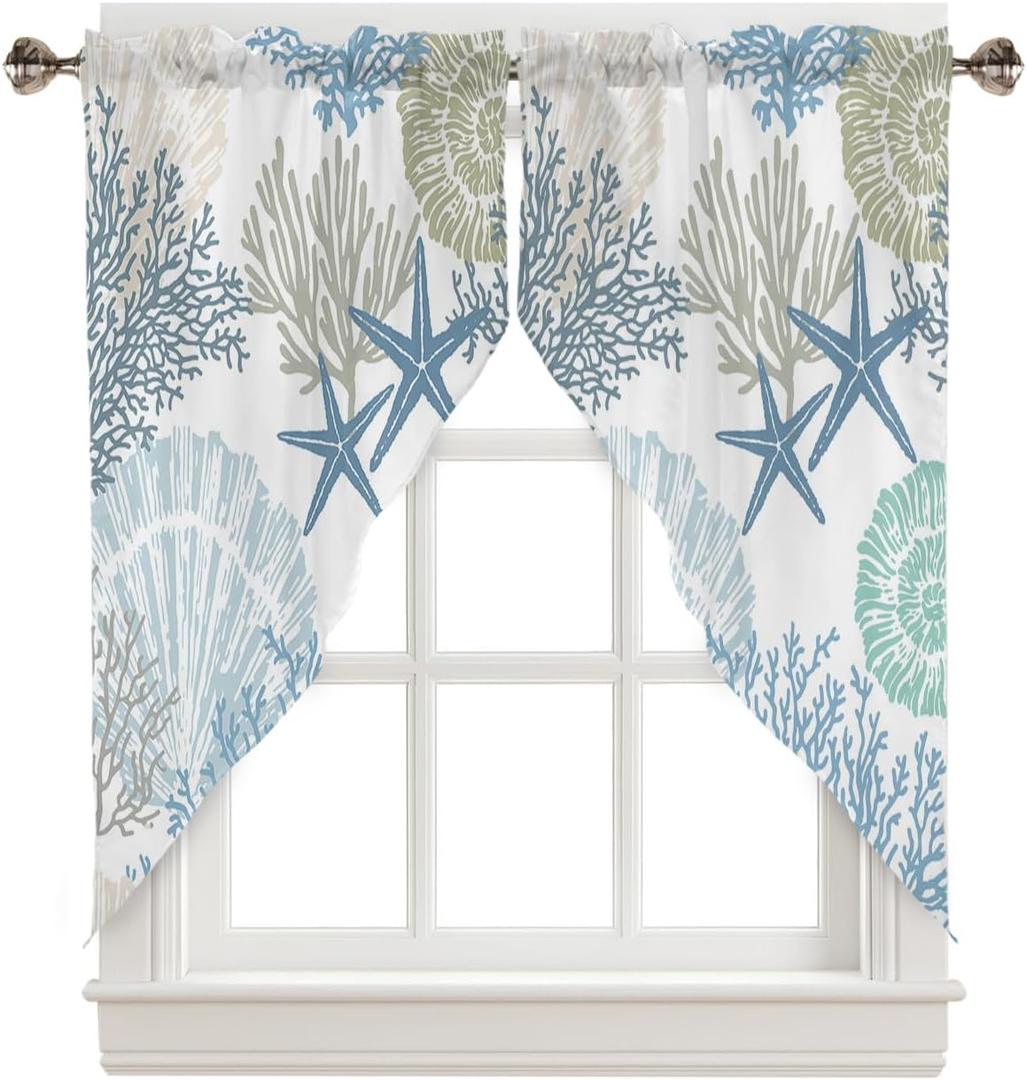 Swag Curtain Valances Nautical Coastal Ocean Coral Short Swag Topper for Small Windows Beach Themed Blue Teal Window Curtain Tiers for Kitchen Bedroom Living Room 56" W x 36" L