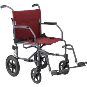 Medline Basic Steel Transport Chair - Full-Length Arms, Swing-Away Footrests, 12" Wheels - Gray/Burgundy - Durable & Convenient Mobility Aid