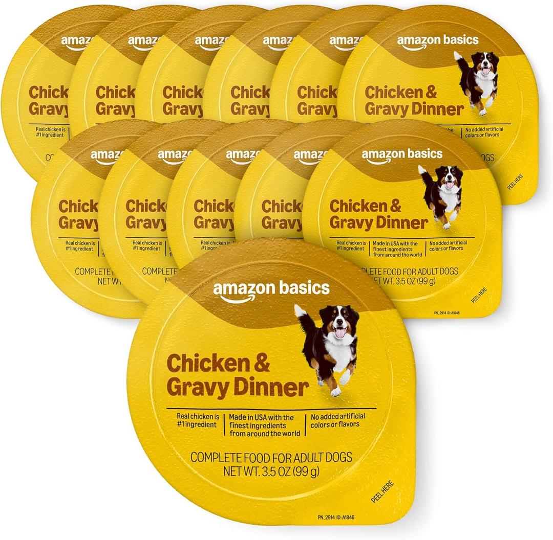 Amazon Basics Wet Dog Food, Chicken & Gravy Dinner, Made with Real Chicken, 3.5 oz Cup (Pack of 12) (EXP 04/16/28)