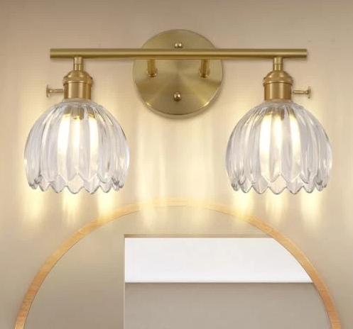 Gold 2 Light Bathroom Vanity Light,14.9in Modern Bathroom Lighting Fixtures Over Mirror with Tulip Crystal Glass Shade,Brass Vintage Vanity Lights for Bathroom Living Room Bedroom（not include bulbs)