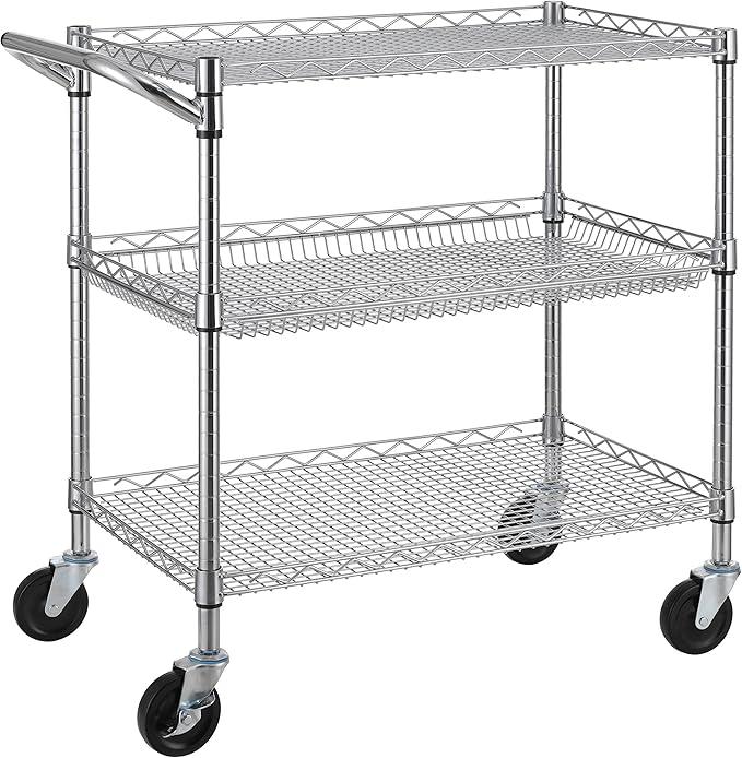 Finnhomy 3 Tier Heavy Duty Commercial Grade Utility Cart, Wire Rolling Cart with Handle Bar, Steel Service Cart with Wheels, Kitchen Carts on Wheels, Metal Cart Shelf Size 24" D x 36" W, NSF, Chrome