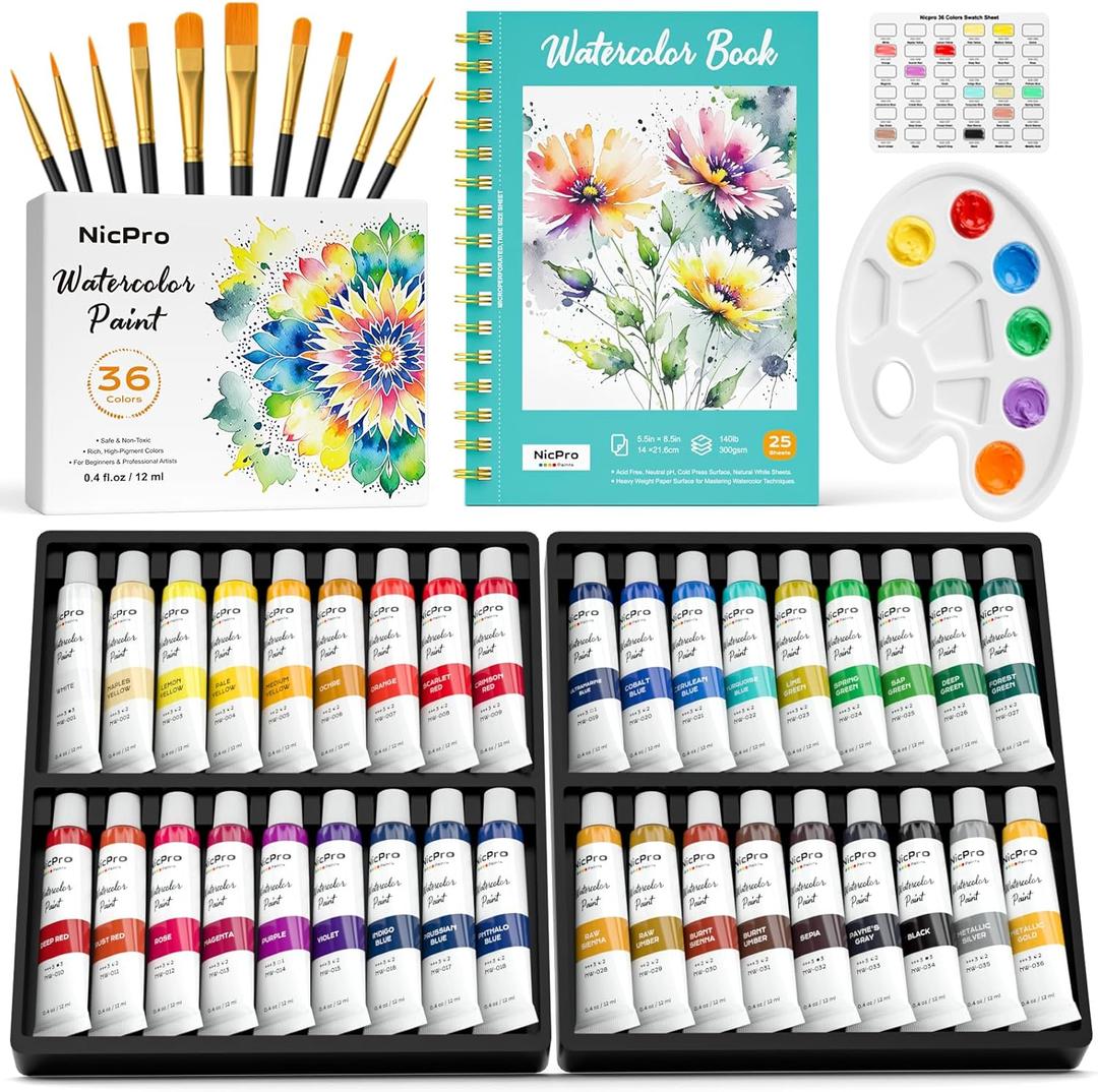 Nicpro Watercolor Paint Set for Adults, 36 Colors Watercolor Tube (12ml,0.4oz) with10 Paint Brushes, 25-Sheet Watercolor Paper Book, Palette, Water Color Painting Supplies for Artists Beginners Gift