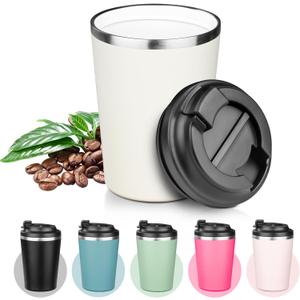 Ceramic Coffee Mug, Ceramic Lined Tumbler, spill proof cup, Double Wall Powder Coated Insulated Coffee Mug, Stainless Steel Cup for Outdoor, Powder Coated Creamy White. (1pcs)