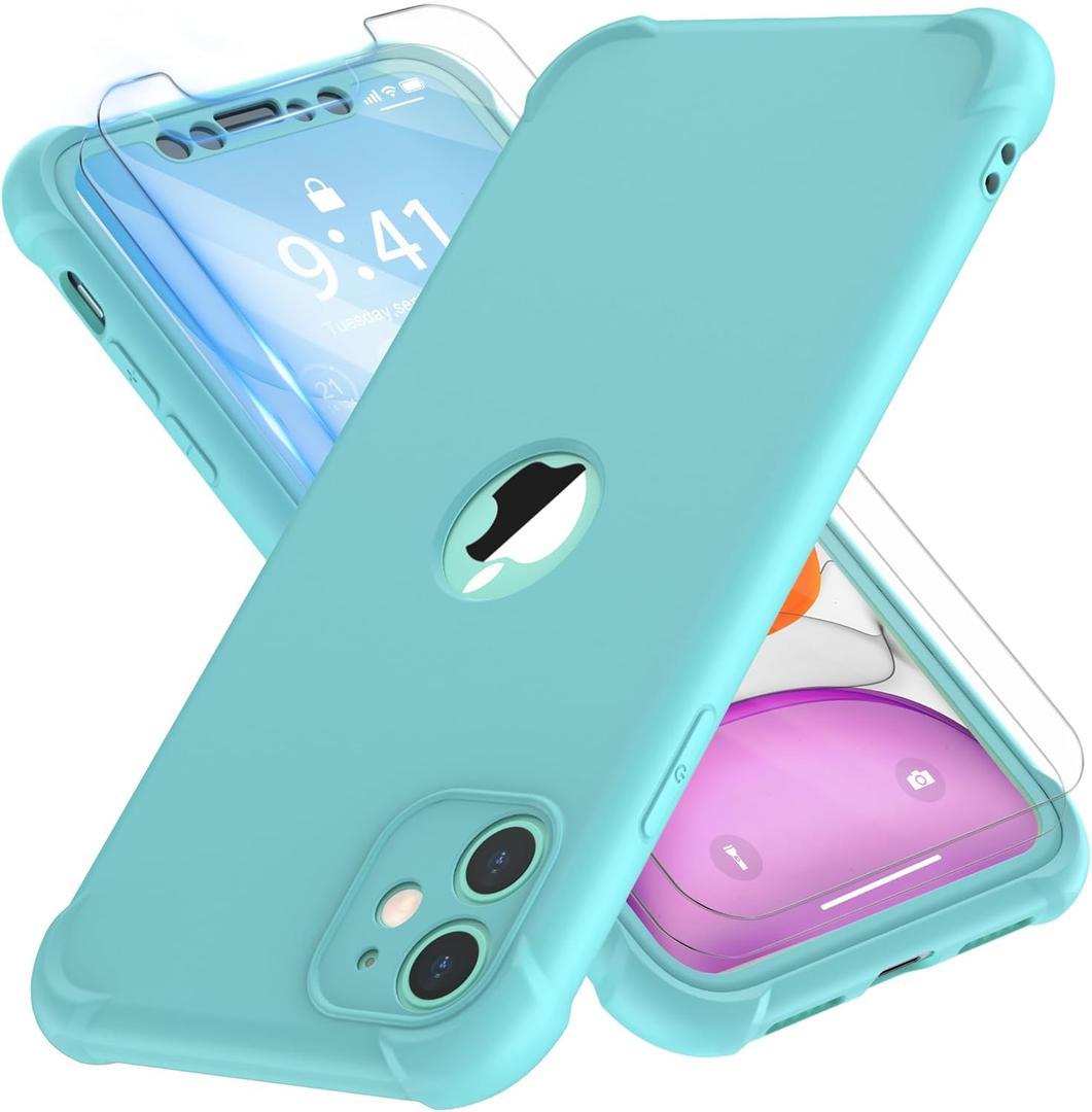 ORETECH for iPhone 11 Case, with[2 x Tempered Glass Screen Protector] [10 Ft Military Grade Drop Test] [Camera Protection] 360 Full Body Shockproof Protection Rubber Silicone for iPhone 11 6.1"-Green